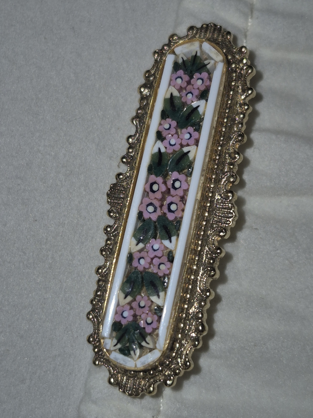 Floral Micro Mosaic Gold Tone Bar Brooch - Pink & Green